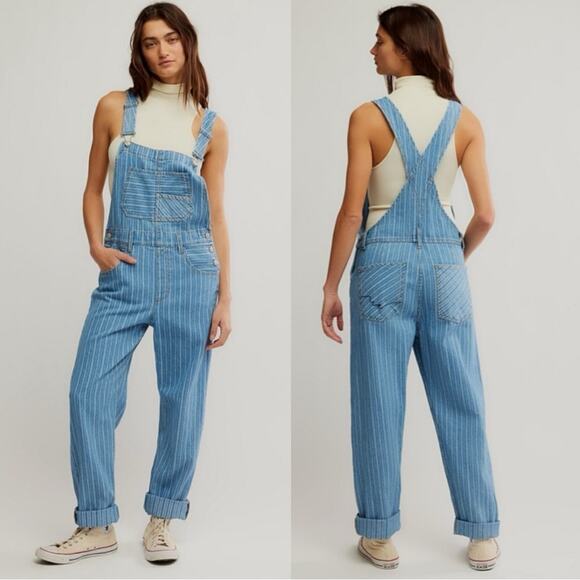 Free People Ziggy Striped Overalls Beachcomber Railroad Bohemian Coastal Medium - Picture 2 of 13